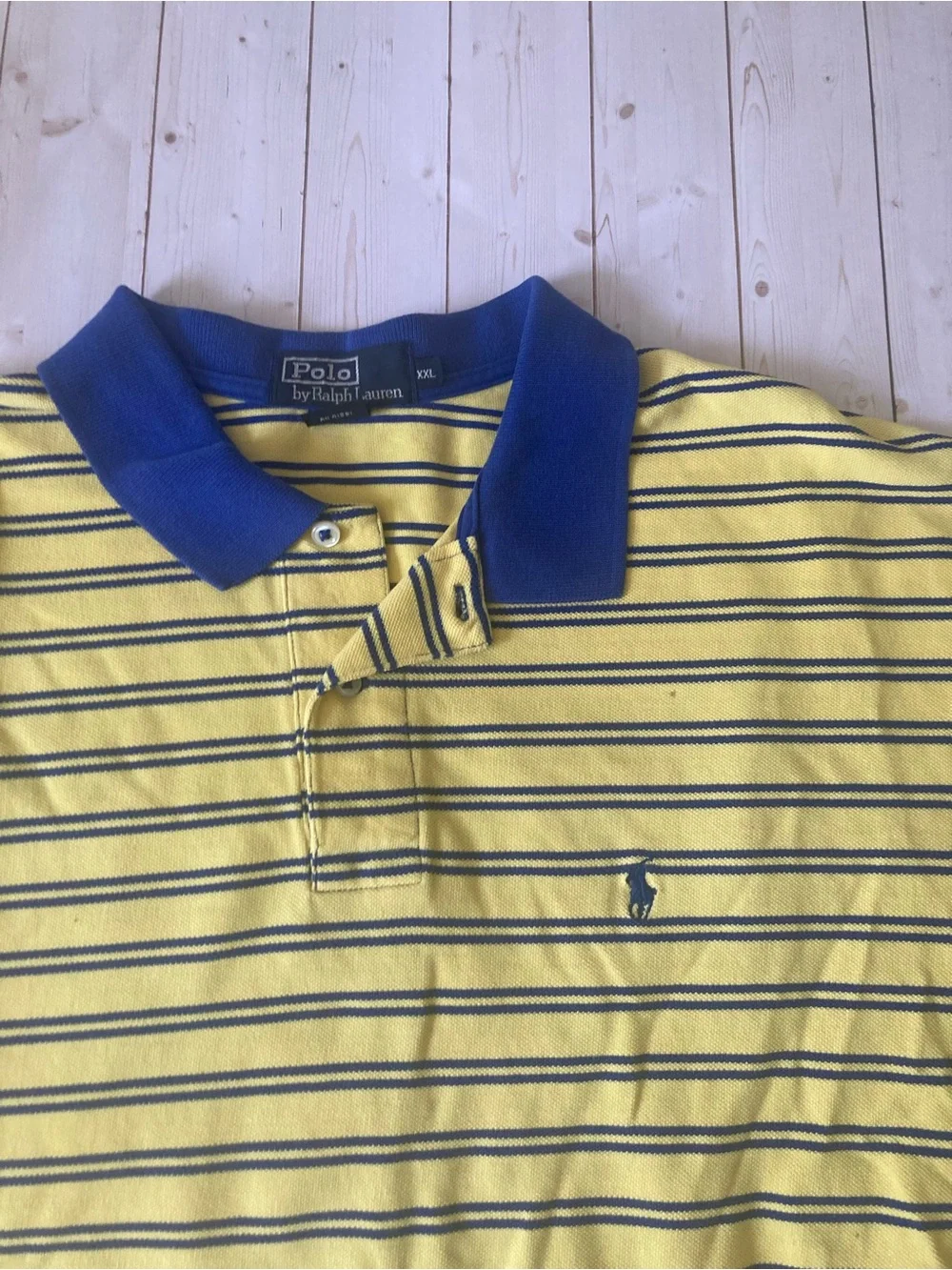 Polo Ralph Lauren Mens XXL Yellow Blue Stripe Polo Shirt Custom Fit Short Sleeve